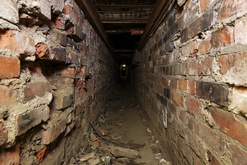 Narrow abandoned underground brick tunnel stretching into darkness with crumbling walls and debris on the floor