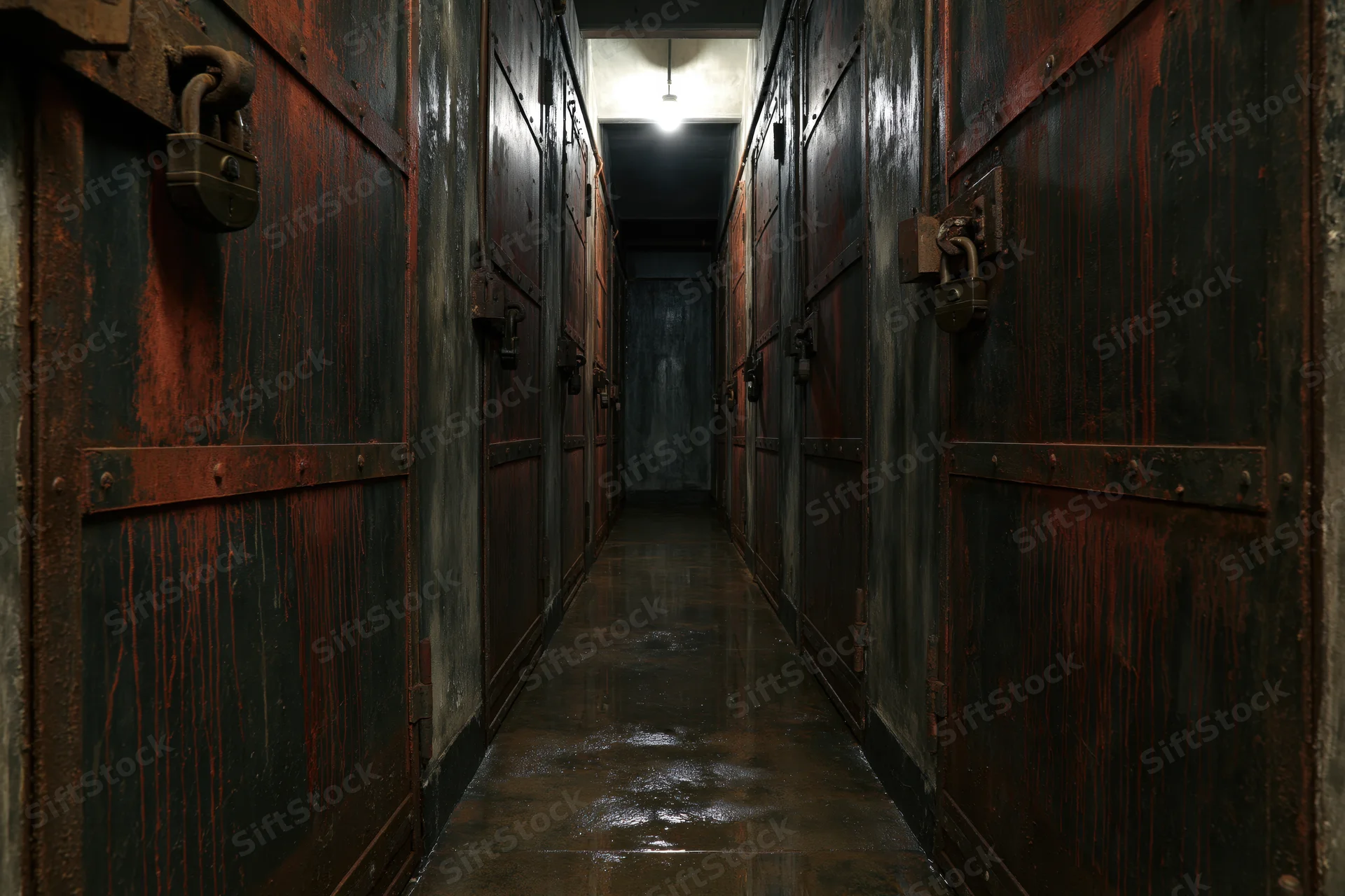 Narrow underground corridor with rusted metal doors on both sides, dimly lit by overhead light at far end