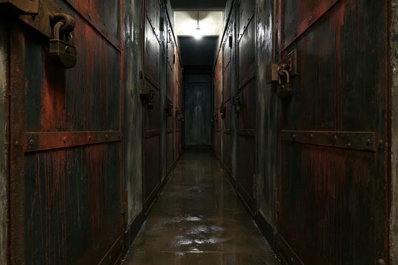 Narrow underground corridor with rusted metal doors on both sides, dimly lit by overhead light at far end