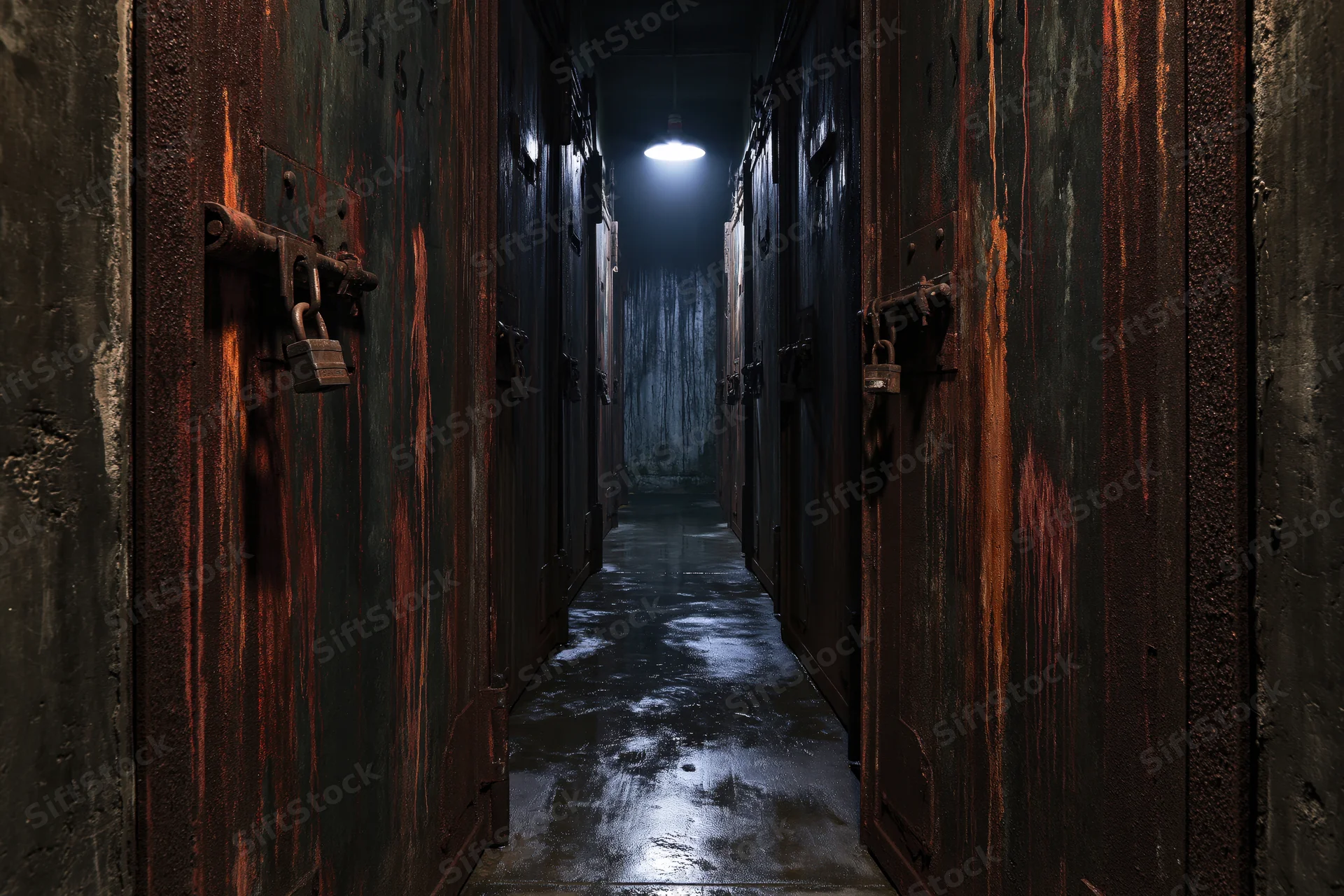 Narrow underground corridor lined with rusted metal vault doors under dim ceiling light