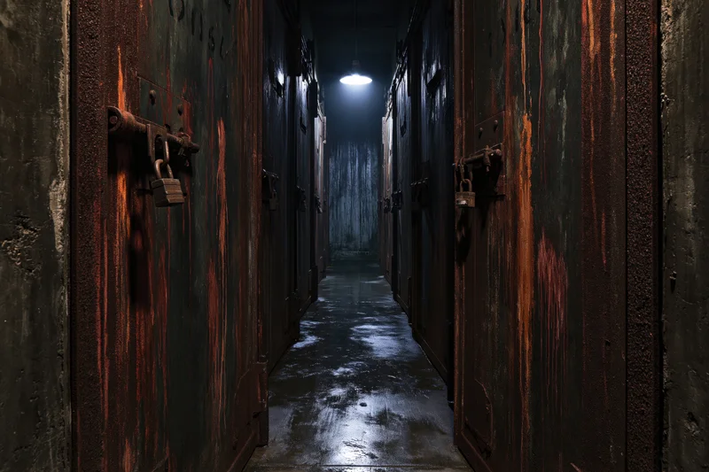 Narrow underground corridor lined with rusted metal vault doors under dim ceiling light
