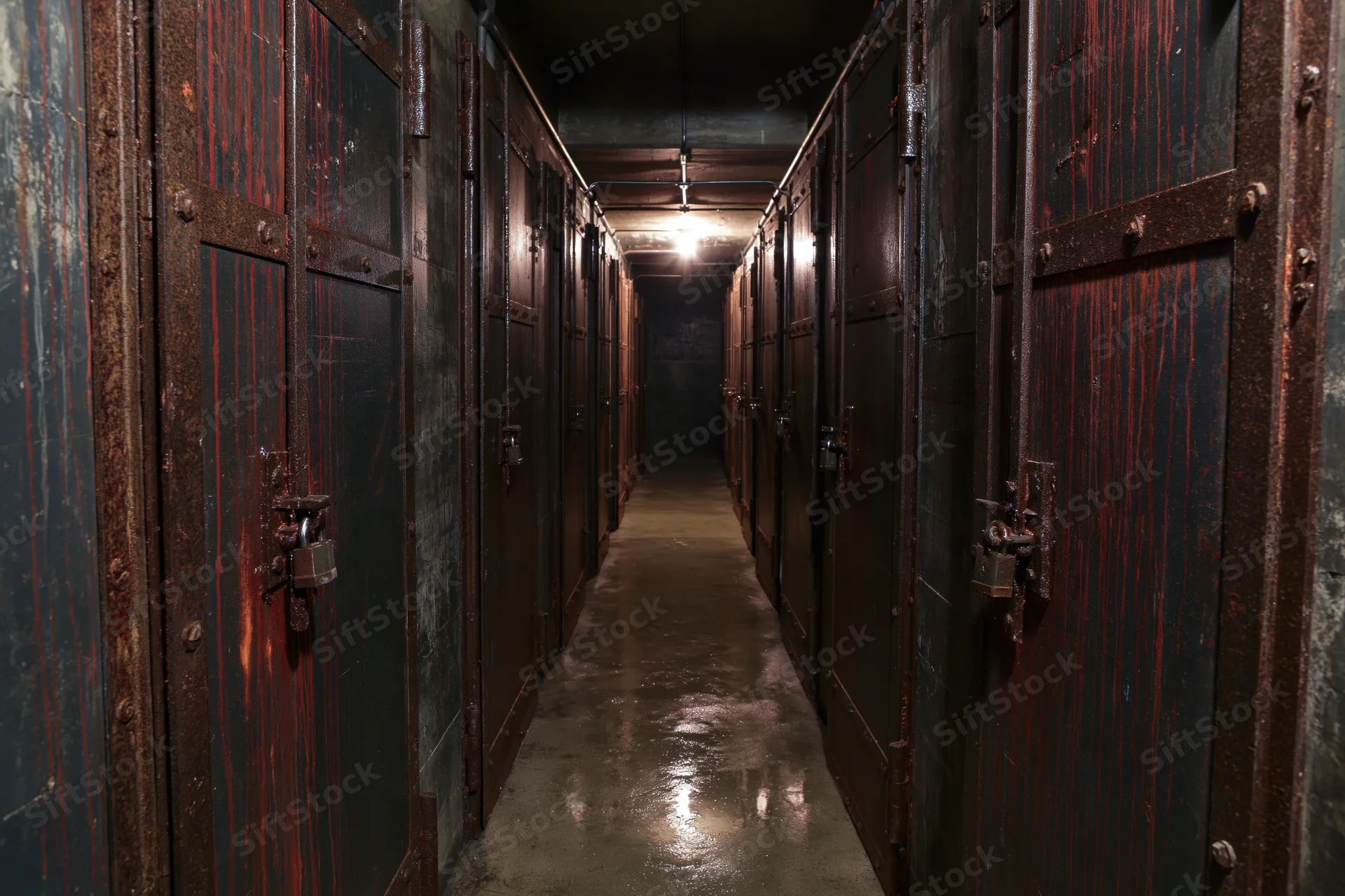 Narrow underground corridor lined with rusted metal vault doors and padlocks, dimly lit with reflections on wet concrete floor