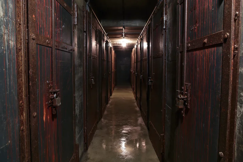 Narrow underground corridor lined with rusted metal vault doors and padlocks, dimly lit with reflections on wet concrete floor