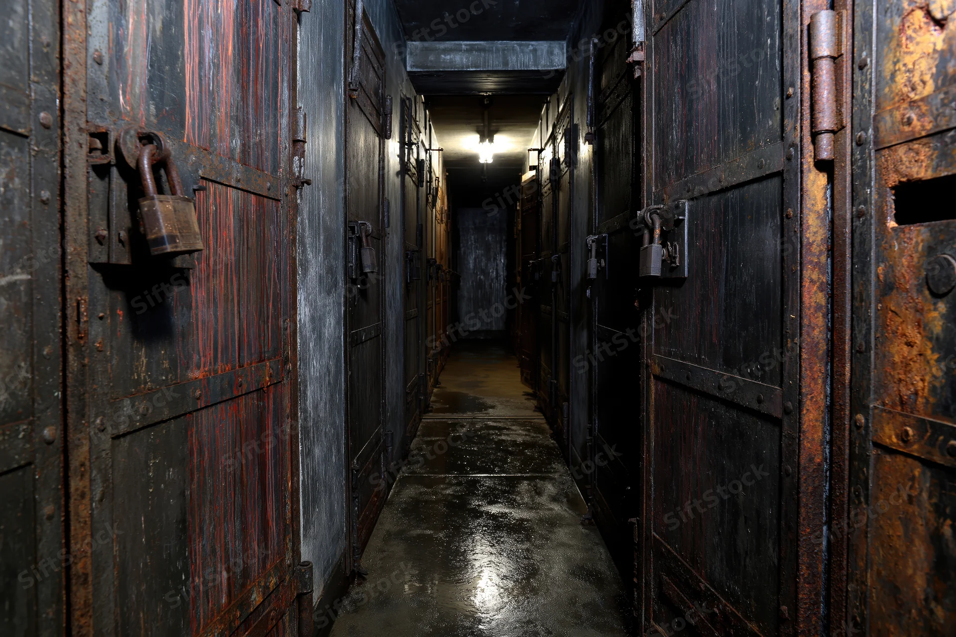 Narrow underground corridor lined with rusted metal doors and padlocks, dimly lit with reflections on wet concrete floor