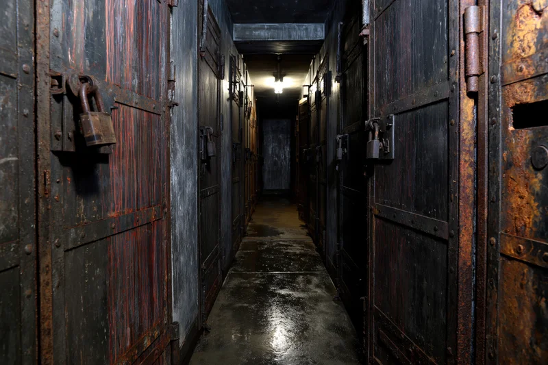 Narrow underground corridor lined with rusted metal doors and padlocks, dimly lit with reflections on wet concrete floor