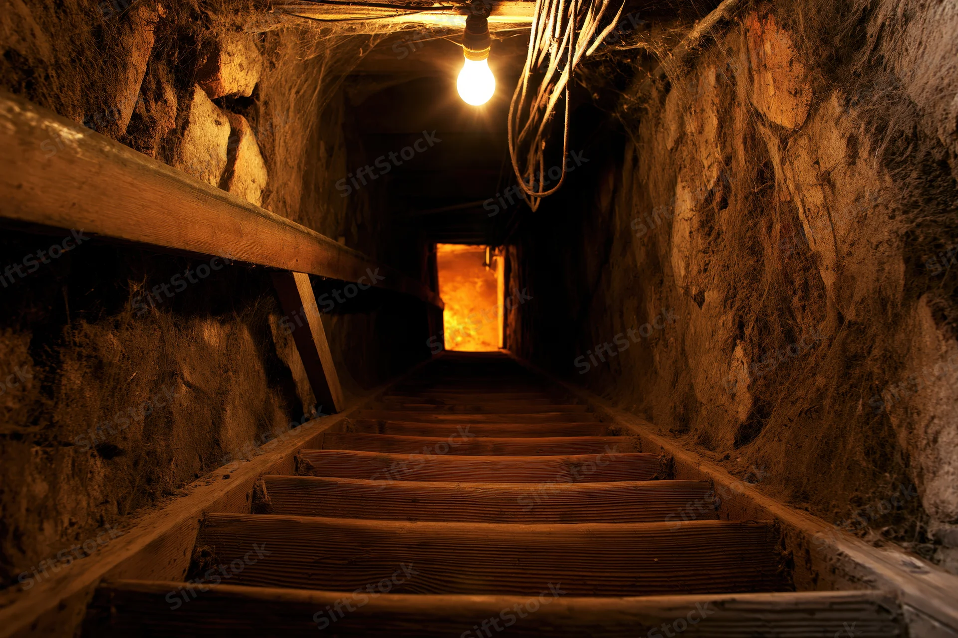 Wooden staircase descending into a narrow underground tunnel lit by a single bulb