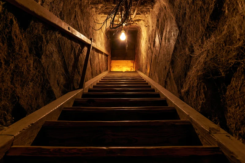 Wooden staircase descending into a narrow underground tunnel with dim lighting and rock walls
