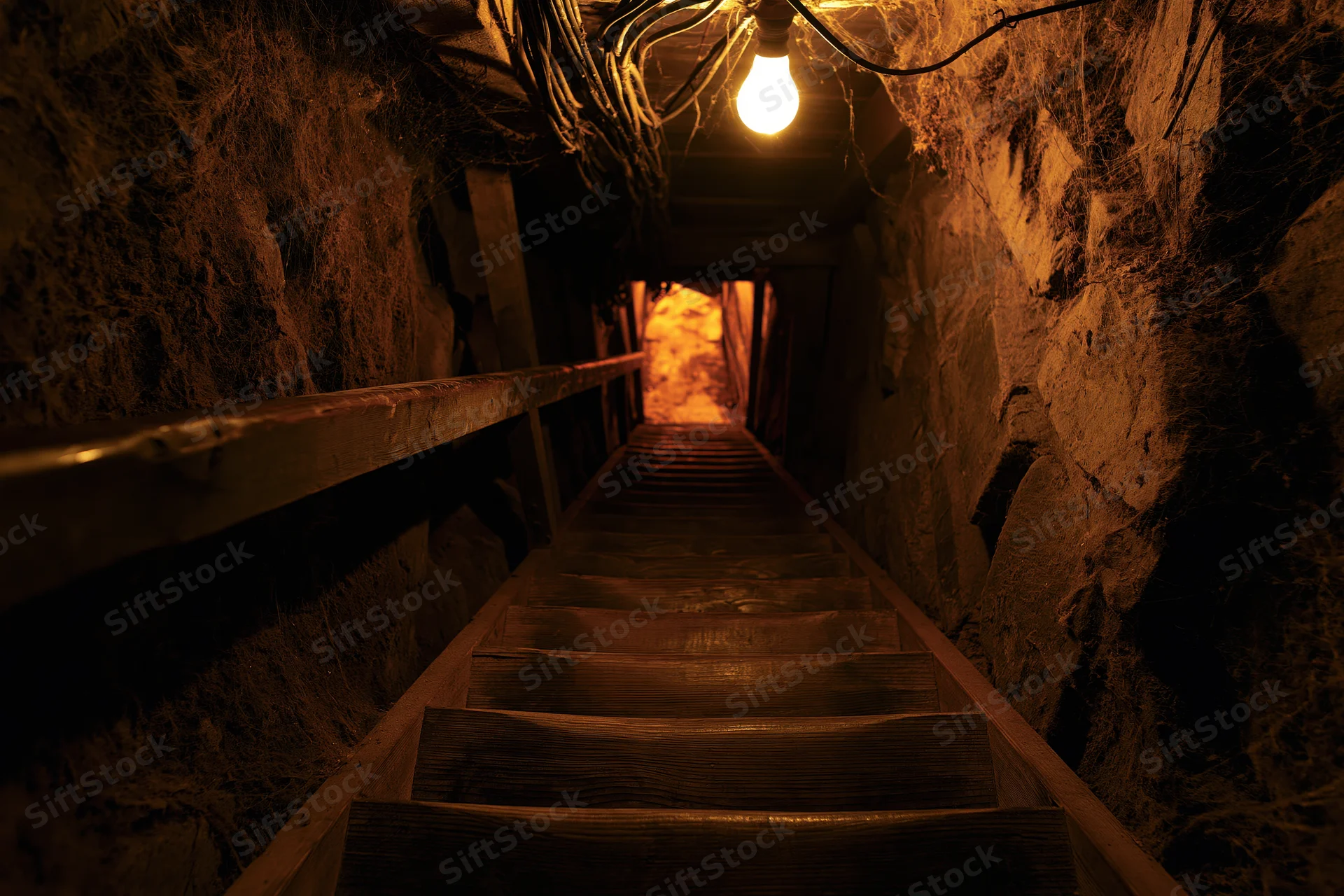 Narrow wooden staircase descending into a dimly lit underground tunnel with a single bulb overhead