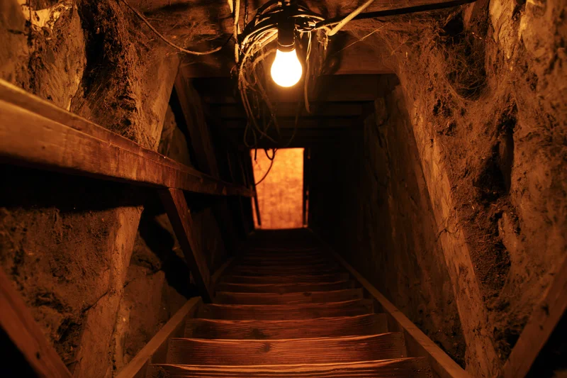 Narrow wooden staircase descending into dark underground tunnel lit by a single bulb
