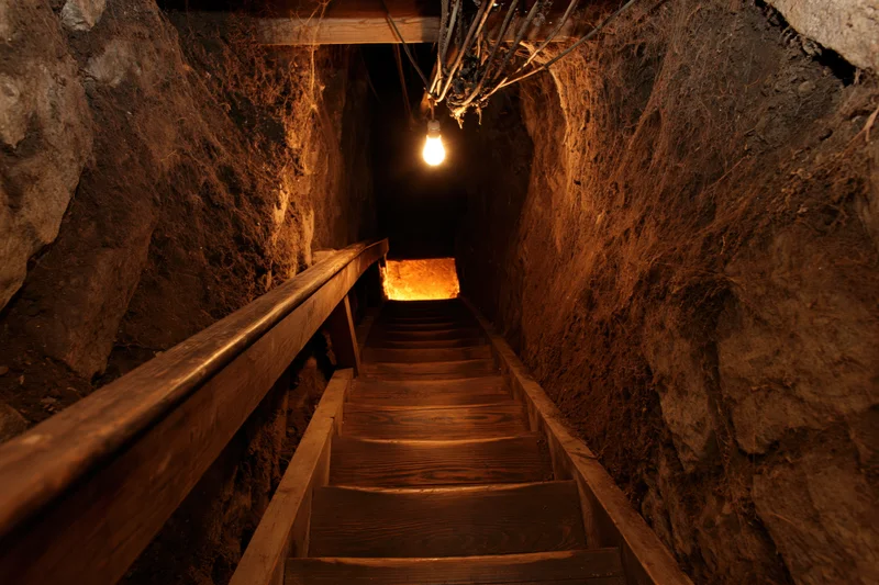 Wooden staircase descending into a narrow underground tunnel lit by a single bulb