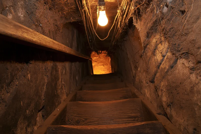 Narrow wooden staircase descending into a dimly lit underground tunnel with a single hanging light bulb