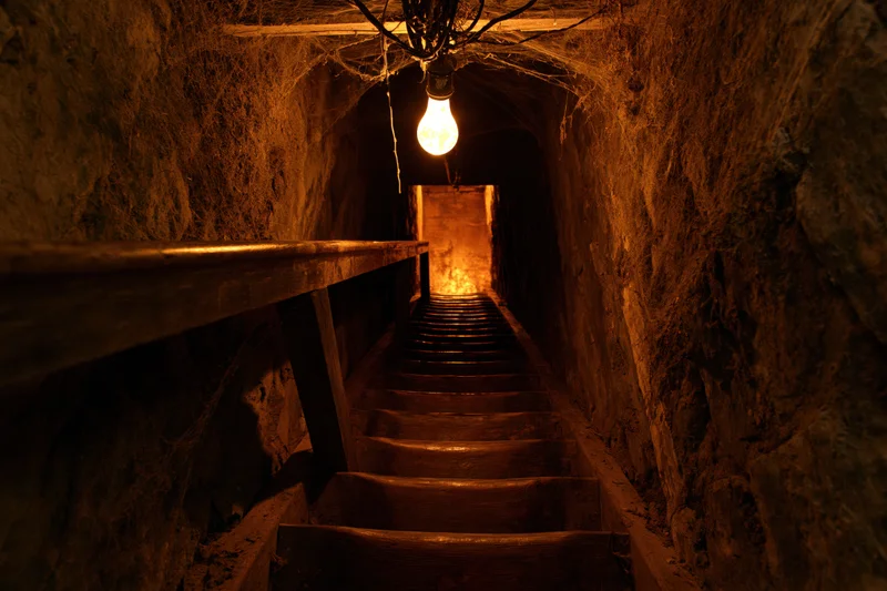 Narrow wooden staircase descending into a dimly lit underground tunnel with stone walls and a single hanging light bulb