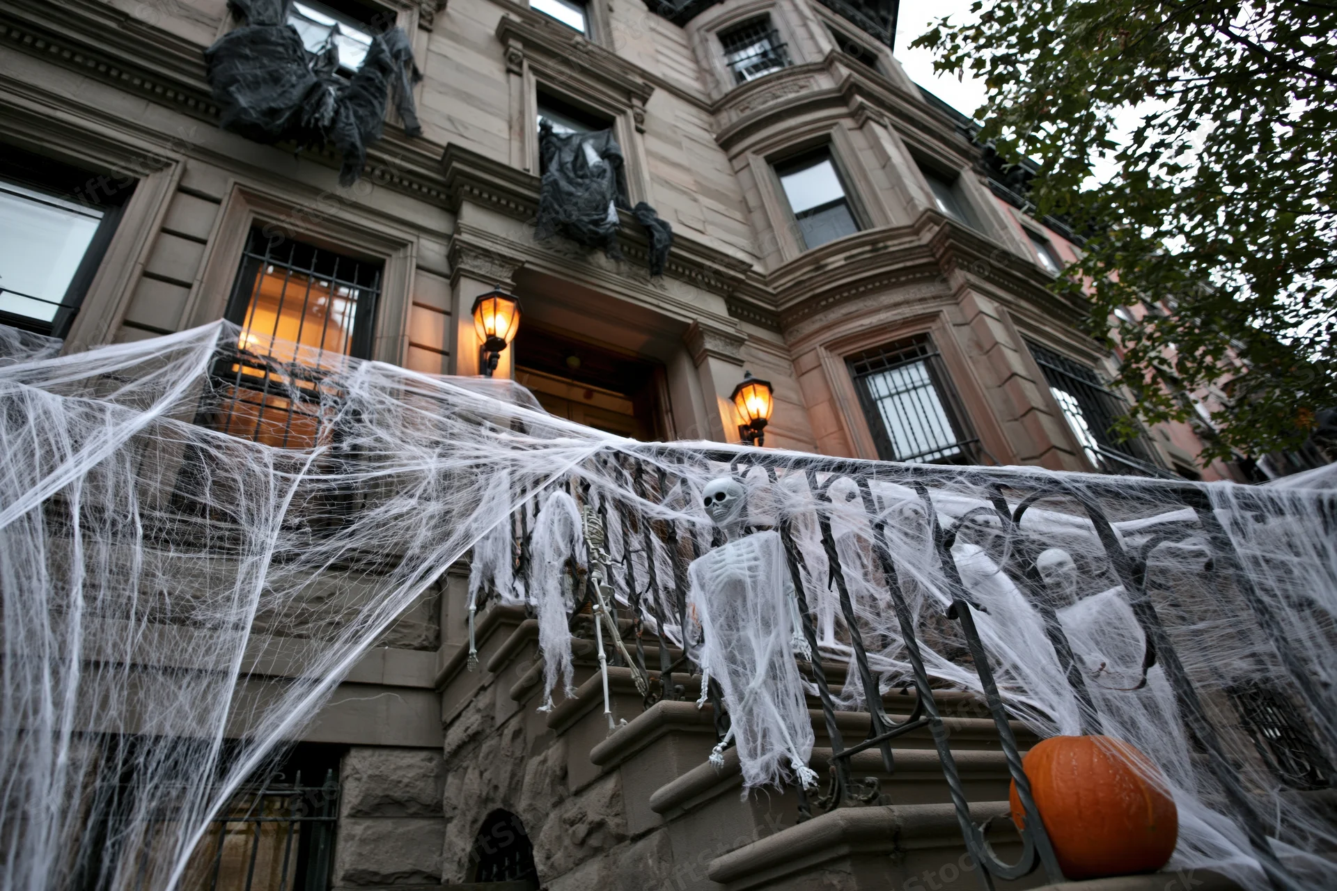 Halloween-decorated brownstone stoop with spiderwebs, skeletons, and pumpkin on railing