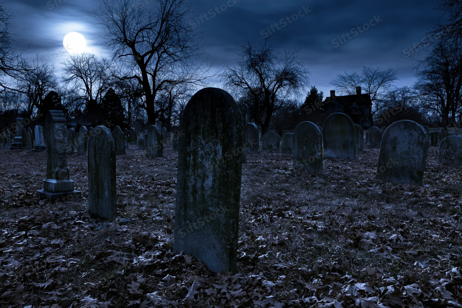Rows of weathered stone headstones in an old graveyard at night under a full moon