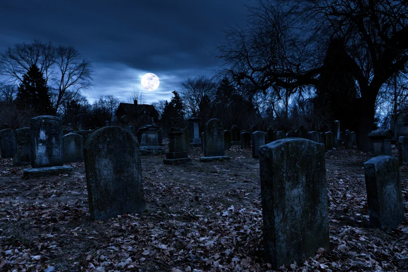 Old graveyard at night with rows of weathered stone headstones under a full moon