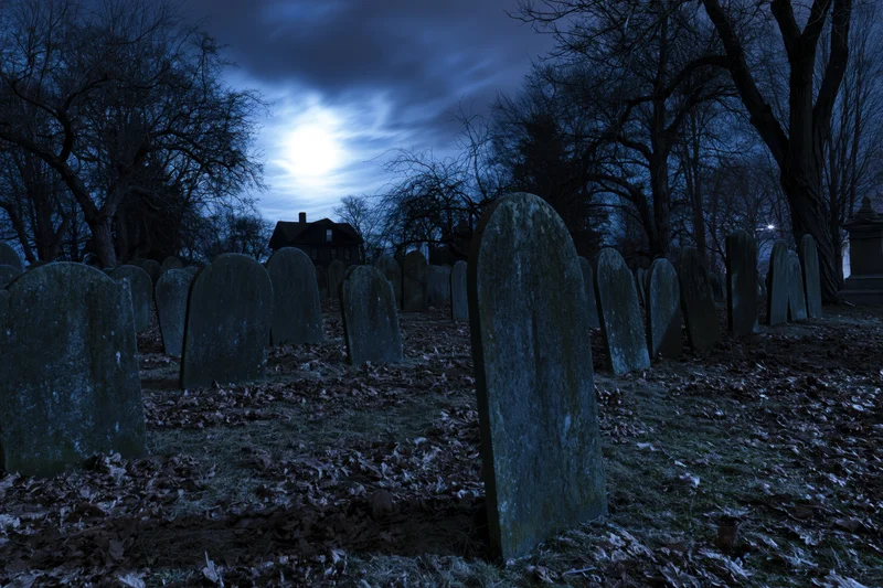 Rows of weathered stone headstones in an old graveyard at night under moonlight