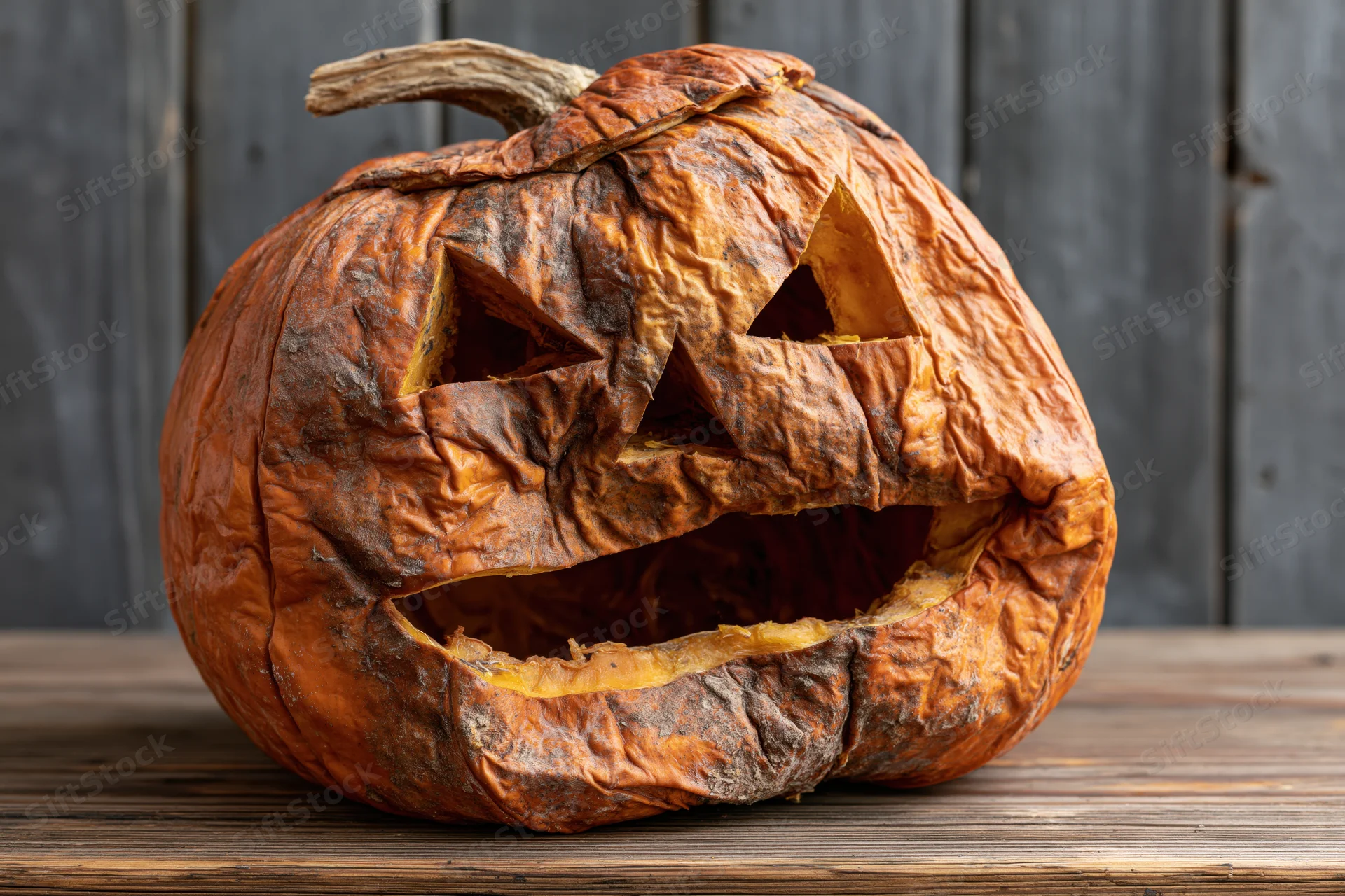 Shriveled jack-o-lantern with carved face resting on wooden surface