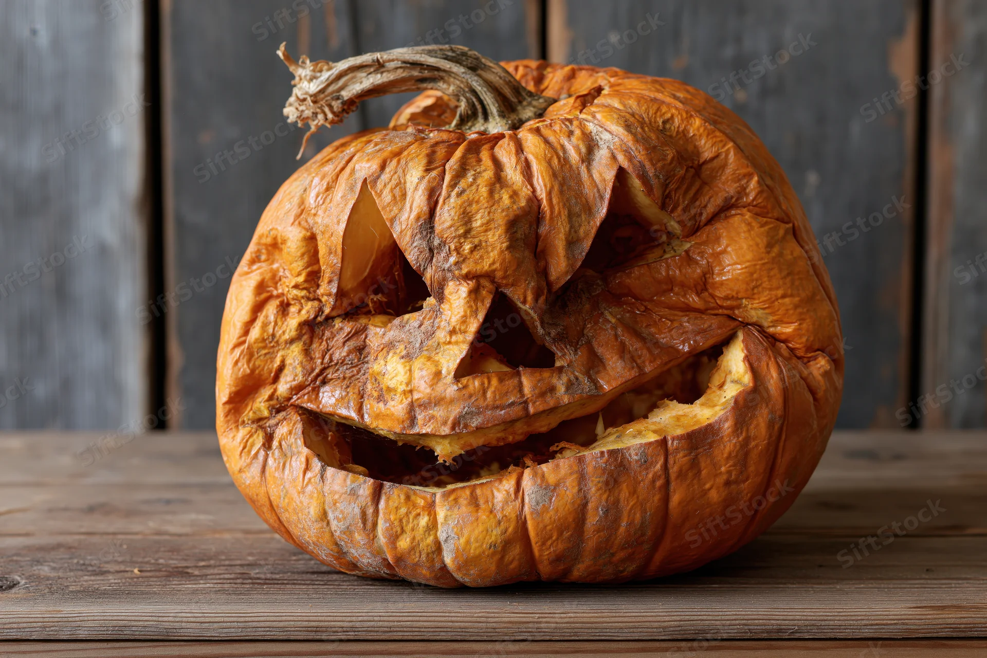 Rotting jack-o-lantern with carved face sitting on wooden surface