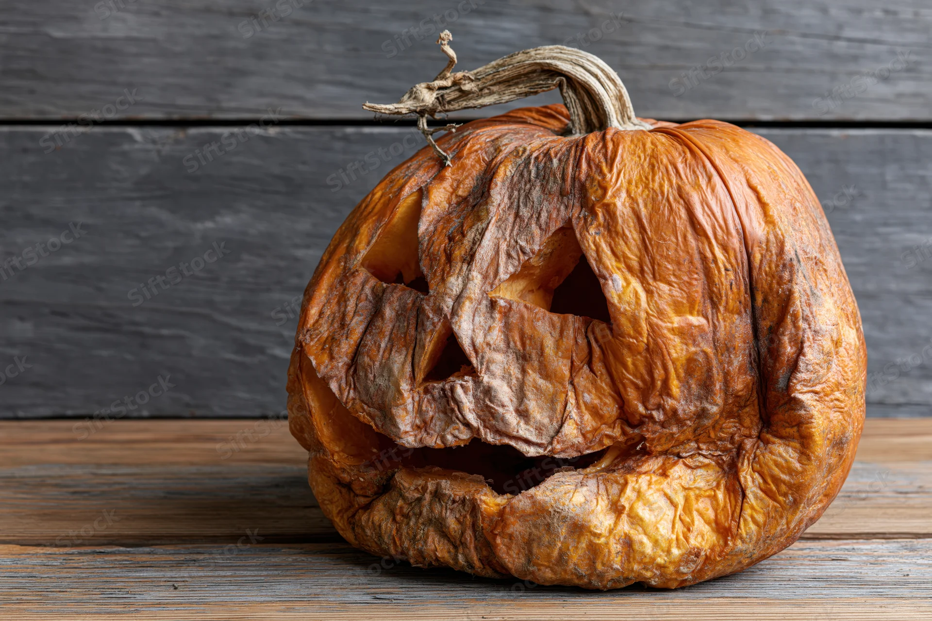Shriveled jack-o-lantern with carved face resting on weathered wooden surface