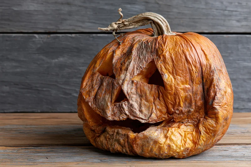 Shriveled jack-o-lantern with carved face resting on weathered wooden surface