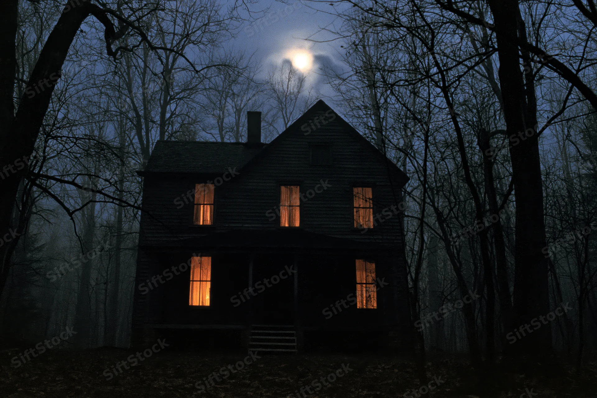 Old wooden farmhouse with glowing windows at night in a dense forest