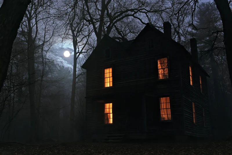 Old wooden farmhouse with glowing windows at night in a foggy forest