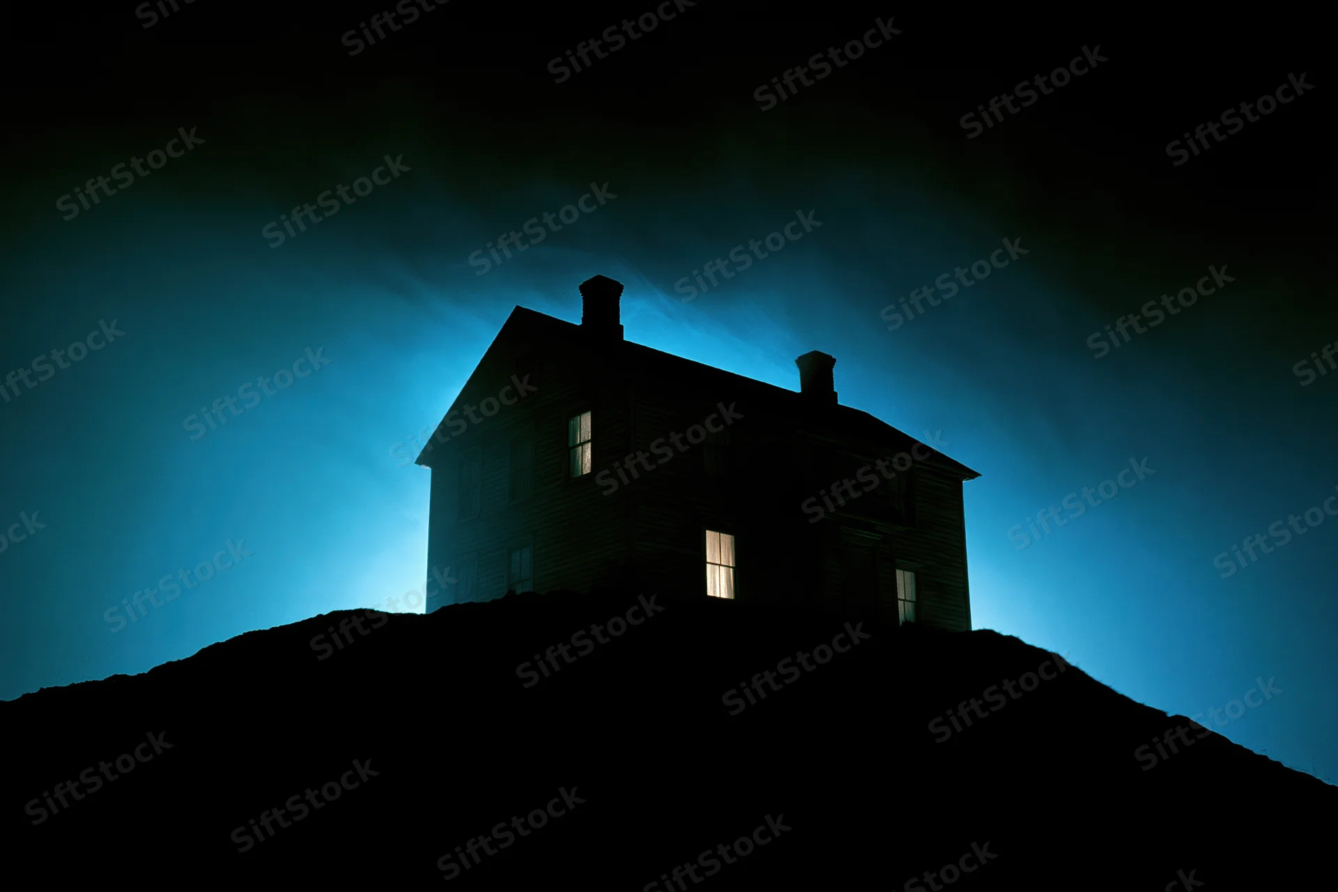 Old wooden house silhouetted on a dark hill at night with glowing windows