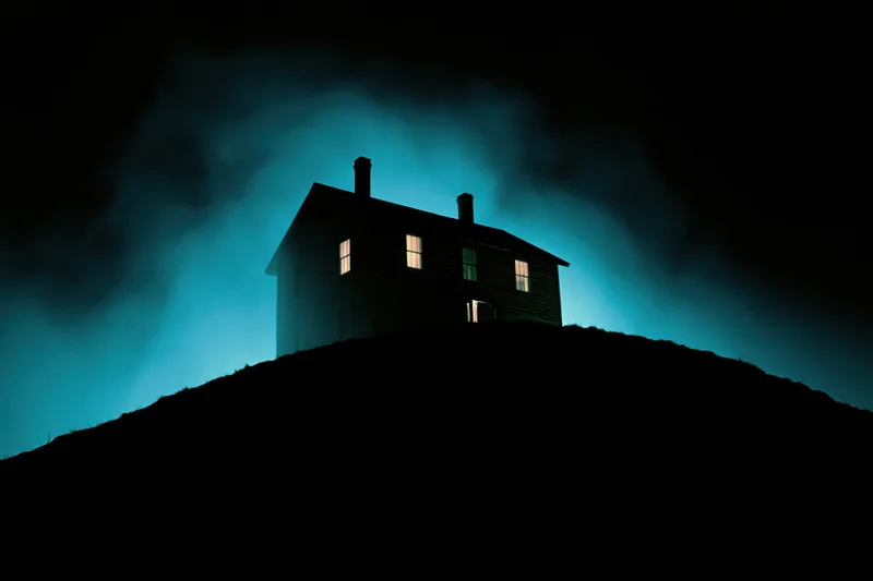 Silhouetted two-story wooden house on a dark hill at night with glowing windows and blue mist
