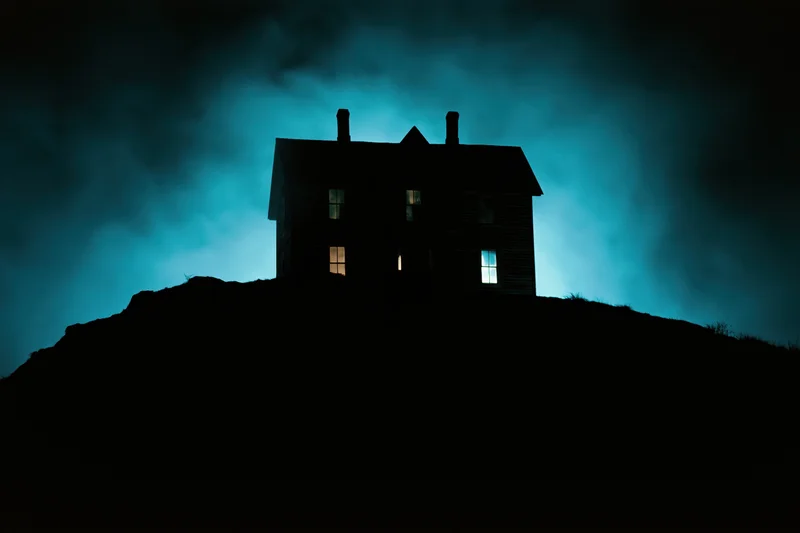 Silhouetted two-story house on a dark hill at night with glowing windows and blue fog
