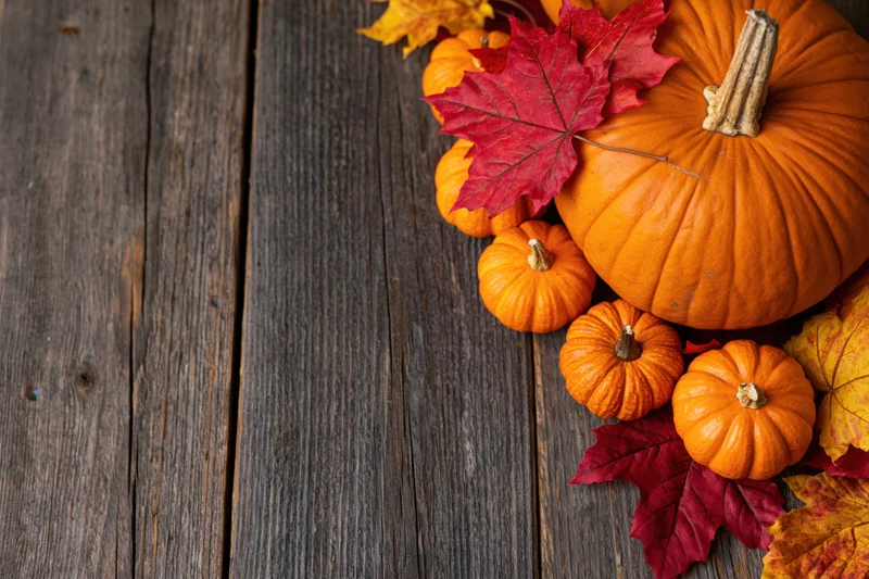 Pumpkins and autumn leaves arranged on a rustic wooden table with copyspace on the left