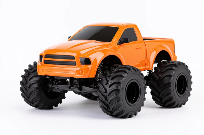 Orange monster truck toy with oversized knobby black tires on white background