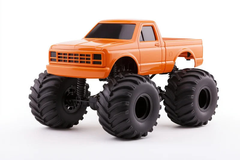 Orange monster truck toy with oversized black knobby tires on white background