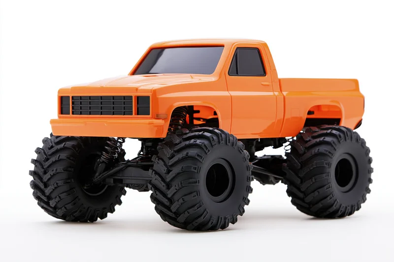 Orange monster truck toy with oversized black knobby tires on white background
