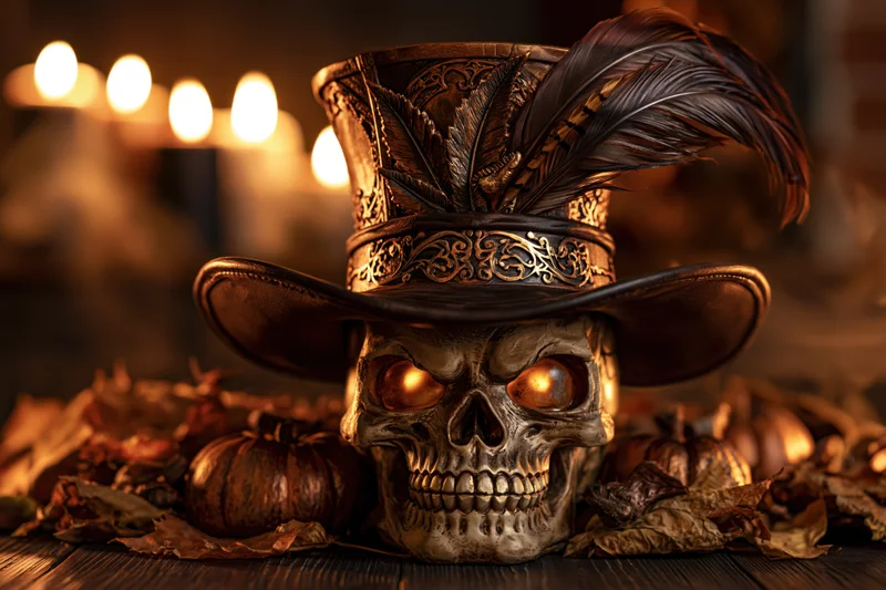 Ornate skull decoration wearing a wide-brim top hat with feather, surrounded by pumpkins and autumn leaves on a wooden table, lit by candles in the background