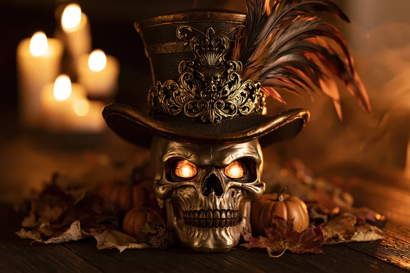 Ornate silver skull with glowing eyes wearing a top hat adorned with feathers, surrounded by pumpkins and autumn leaves on a wooden table with candles in the background