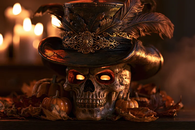 Ornate skull decoration wearing a wide-brim top hat surrounded by pumpkins and autumn leaves on a wooden table with candles glowing in the background