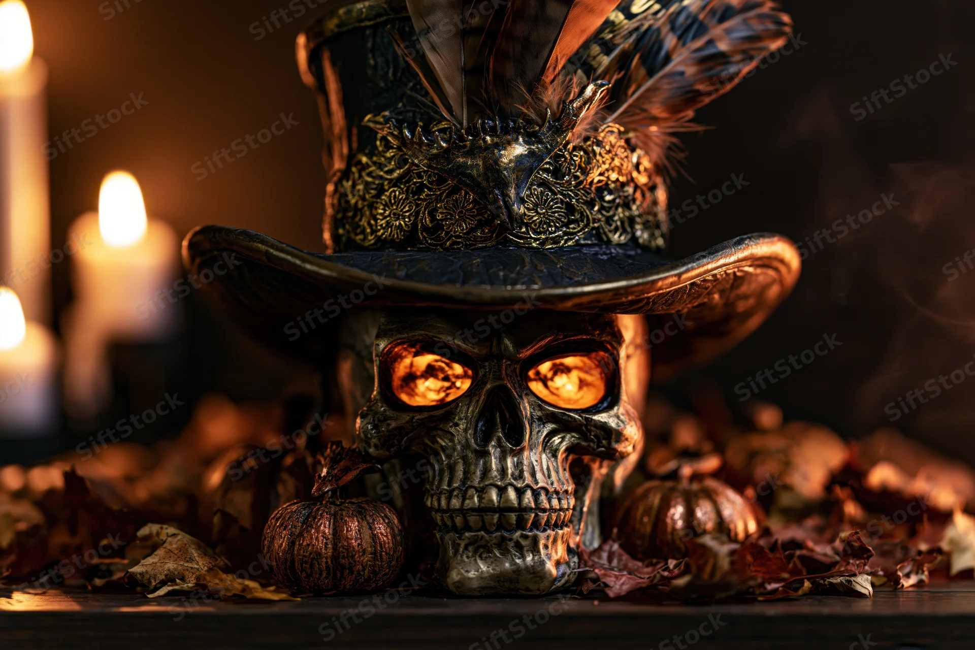 Ornate sculpted skull wearing a wide-brim top hat surrounded by candles, pumpkins and autumn leaves on a dark surface