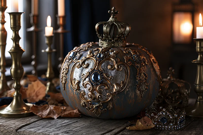 Ornately decorated pumpkin topped with a small metallic crown on a rustic wooden table surrounded by lit brass candlesticks