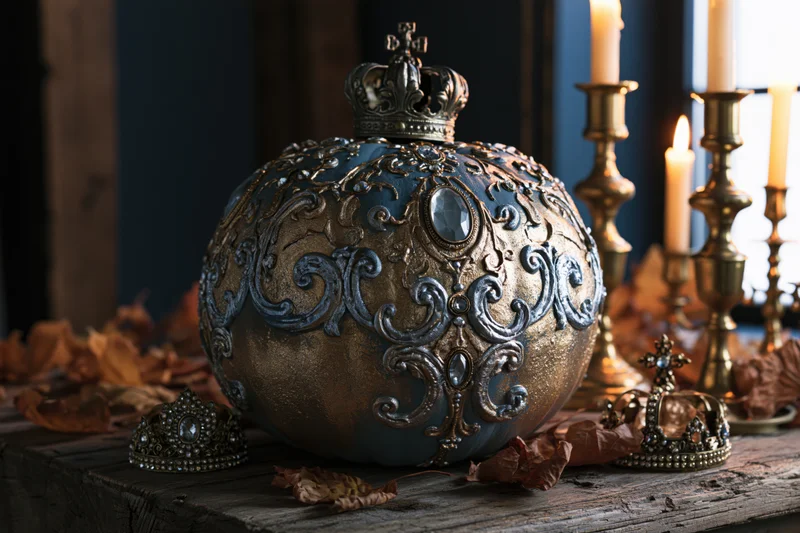 Ornately decorated pumpkin topped with a small metallic crown on a rustic wooden table surrounded by dried leaves and lit candles