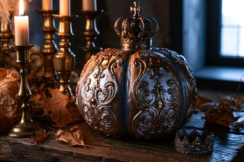 Ornate metallic pumpkin topped with a small crown on a wooden table surrounded by candles and dried leaves