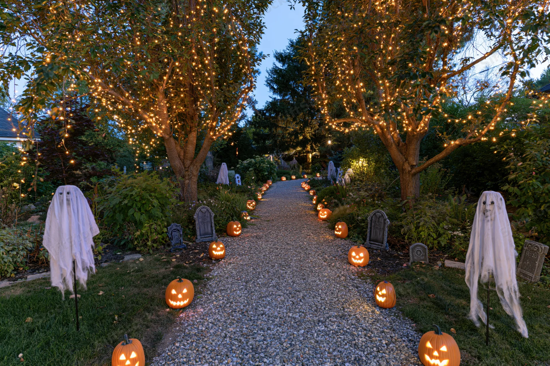 Gravel garden path lined with glowing jack-o-lanterns and ghost decorations at dusk