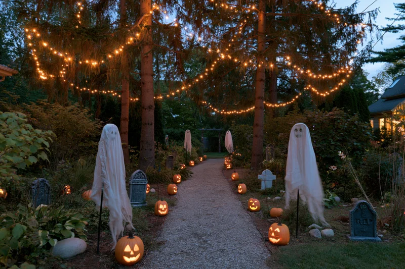 Gravel garden path lined with glowing jack-o-lanterns and ghost figures under string lights at dusk
