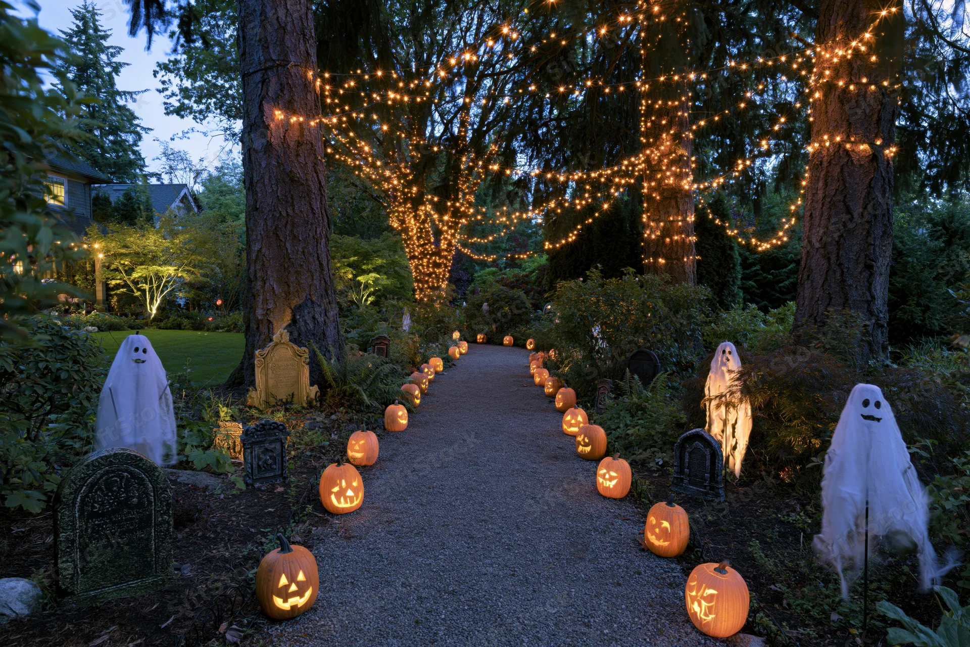 Gravel path lined with glowing jack-o-lanterns and ghost decorations in a garden at dusk