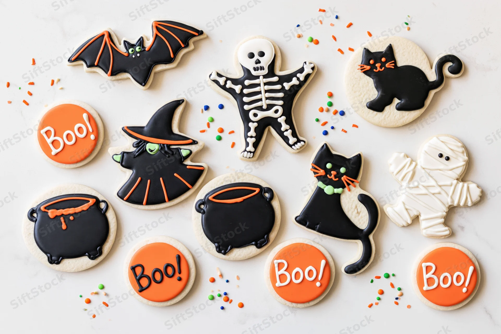 Assorted halloween-themed decorated sugar cookies arranged in flat lay on white surface with sprinkles