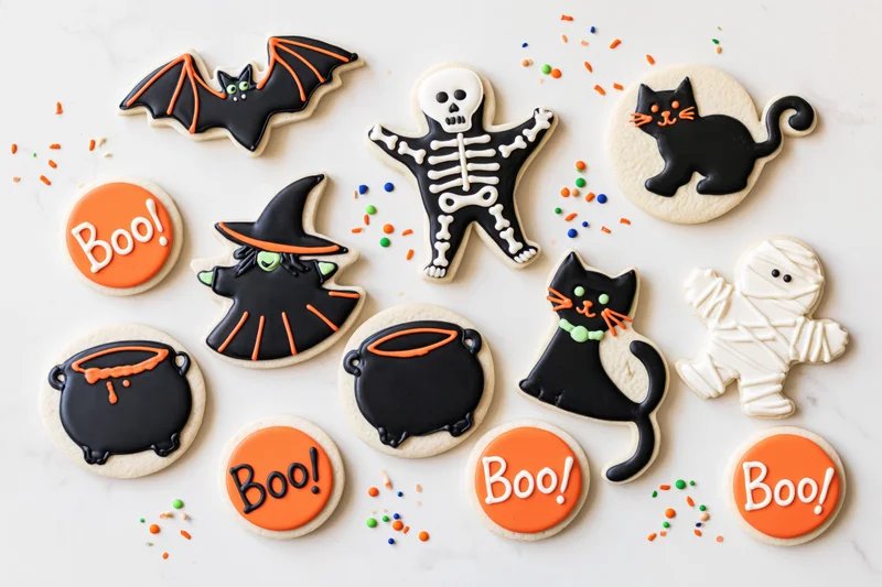 Assorted halloween-themed decorated sugar cookies arranged in flat lay on white surface with sprinkles