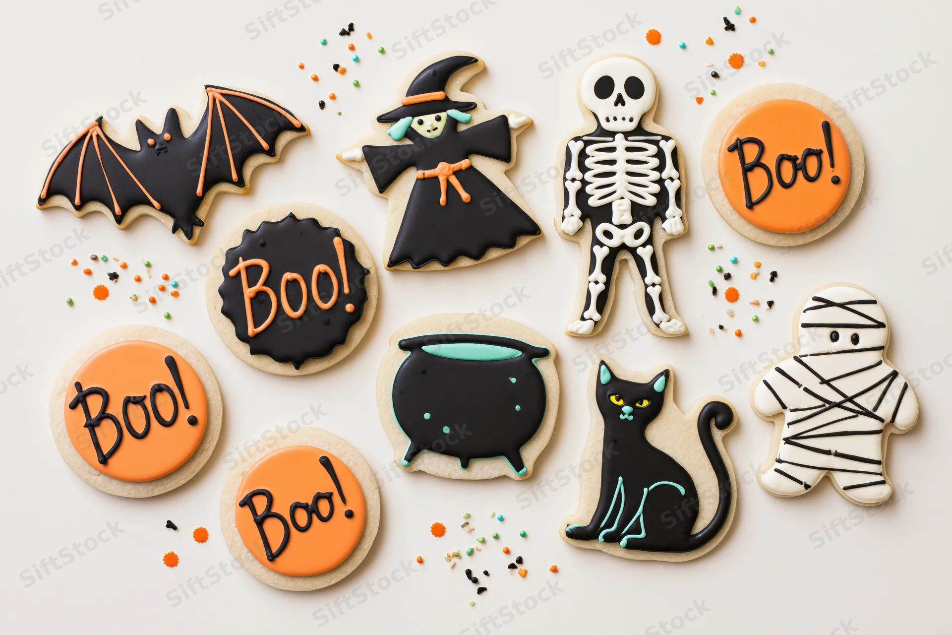 Assorted halloween-themed decorated sugar cookies arranged in flat lay overhead view with sprinkles