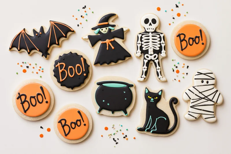 Assorted halloween-themed decorated sugar cookies arranged in flat lay overhead view with sprinkles