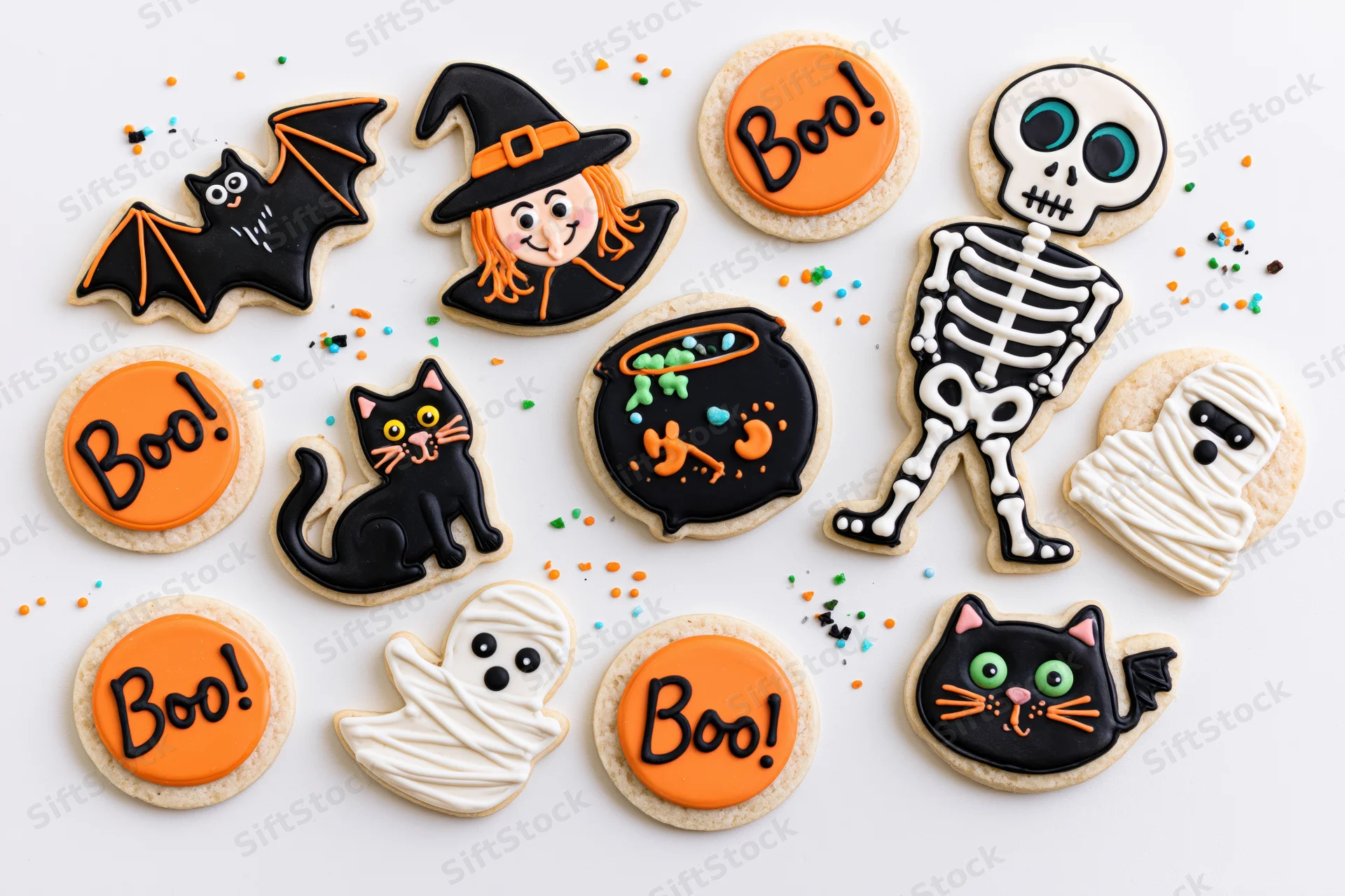 Assorted halloween-themed decorated sugar cookies arranged in flat lay on white surface