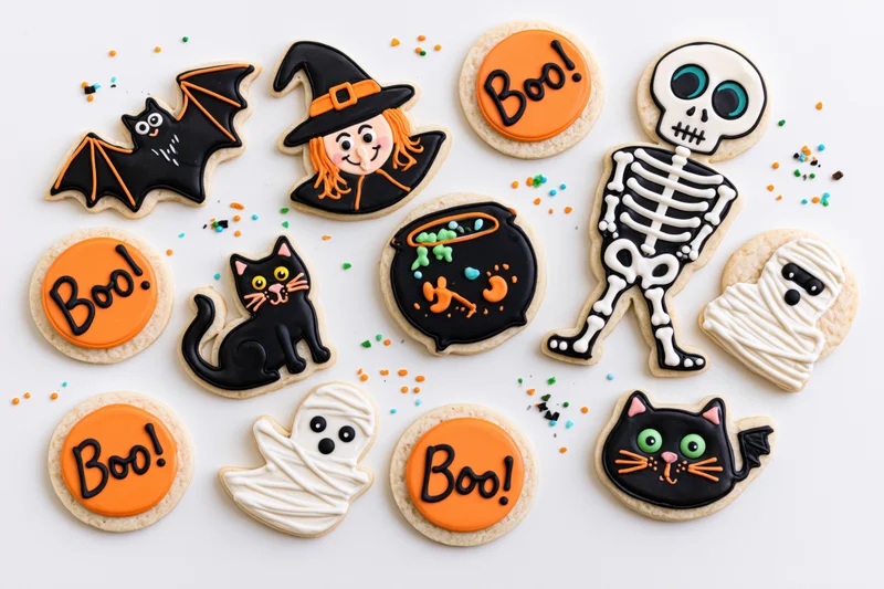 Assorted halloween-themed decorated sugar cookies arranged in flat lay on white surface