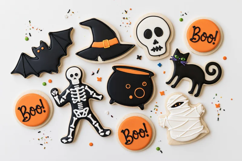 Assorted halloween-themed decorated sugar cookies arranged in flat lay overhead view with sprinkles on white surface